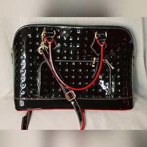 ARCADIA black Patent Leather large Handbag Satchel purse ITALY embossed Logo