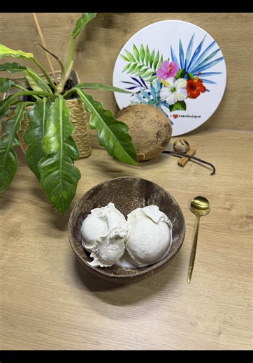 Sorbet coco 🥥🇲🇶🇬🇵 Une recette qui te fait voyager à travers nos traditions et que l’on retrouve à coup sûr partout chez nous 😍 Une texture légère, un goût authentique pleine de saveur et d’épices, chaque cuillère est une escapade gourmande ✨ Tu as encore de te laisser tenter ? Rien de plus simple Ingrédients : - 400 ml de lait de coco - 200 g de lait concentré sucré - Vanille, zeste de citron vert, muscade, cannelle - 24h au congélateur avant de turbiner la glace Cette recette peut être ré