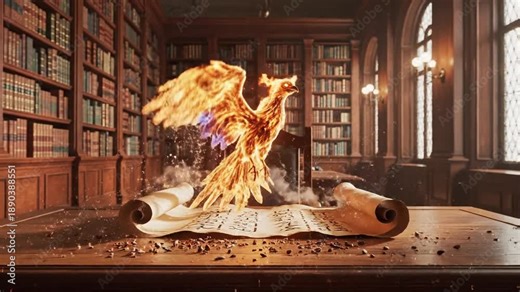 A library table erupts in fiery magic; flames swirl, sparks scatter, glowing silhouettes emerge now