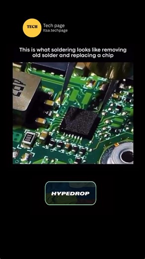 Tech page | This is what **soldering** looks like when removing old solder and replacing a chip on a circuit board. First, a **soldering iron** is... | Instagram
