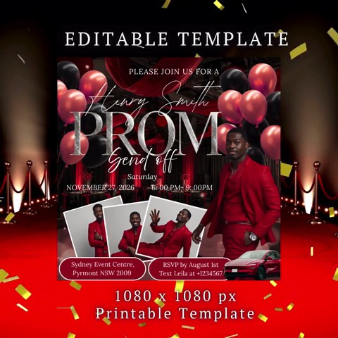 Black Red Prom Send off Invitation With Photo, Men Prom Night Invite, Editable Senior Ball Party and Junior Prom Red Carpet Flyer Template - Etsy