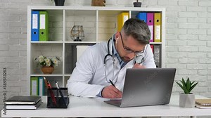 Doctor wears white medical coat wireless earphones in hospital office looks magnifying glass, writes diagnosis in notebook examines patient online remote video call laptop webcam, distance health help