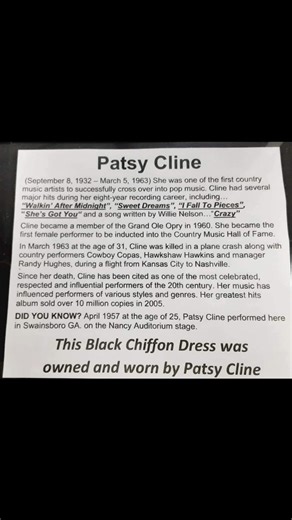 Born this day, Patsy Cline, September 8,1932..died March 5,1963 in an airplane crash. She performed in Swainsboro GA at the age of 25 April 1957 on the Nancy Auditorium stage. See a dress once owned by Patsy Cline in the Music Memories Museum Swainsboro Georgia | Music Memories Museum Swainsboro Georgia