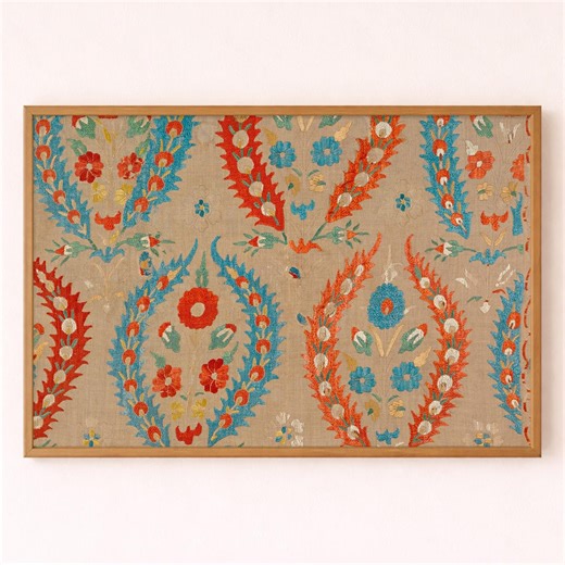 Turkish Wreath Antique Folk Embroidery – Ottoman Textile Wall Art Print – Orange & Blue on Natural Linen - Etsy