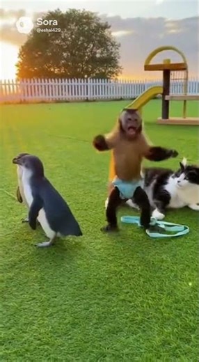 Monkey and baby penguins playing with cats🐧🐱 #CuteAnimals #AnimalFriends #FunnyAnimals#viralshorts