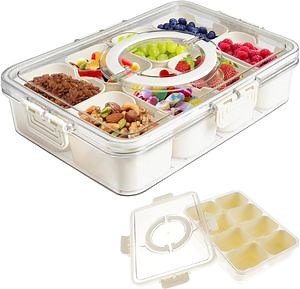 [Hot Item] Kitchen Portable Plastic Spice Storage Container Snack Storage Box Snackle Box Clear Divided Serving Tray with Lid and Handle