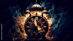 retro clock on fire burning with time