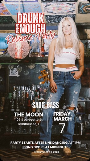 Friday night ‘Drunk Enough’ is released and we want to see you at the release party! Release party starts at 11pm after line dancing! The song drops at midnight! Can’t wait to see you there! 📍 @themoontallahassee 🎵 @sadiebass__ #dance #florida #release #releaseday #new #newmusic #tallahassee #honkytonk #party #sadiebass #country #musiccity #music #boots #bar #drunkenough | Red Roots Videography