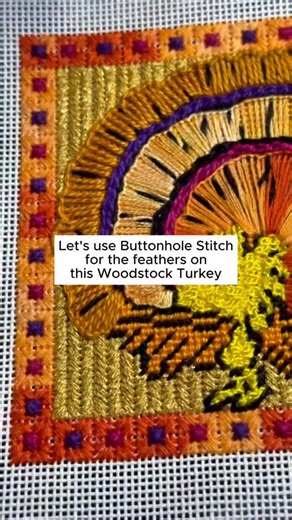 Buttonhole Stitch tutorial on this darling Woodstock as Turkey from @officiallyneedlepoint. 🦃 Perfect for some Thanksgiving stitching. 🧵 A re-stock of these cuties is en route to us. Claim yours now on our website. Click the link in bio. PS. Stitch guide will also be available soon. If you are interested, leave a note on your order. 💛🧡 | The Wool & The Floss