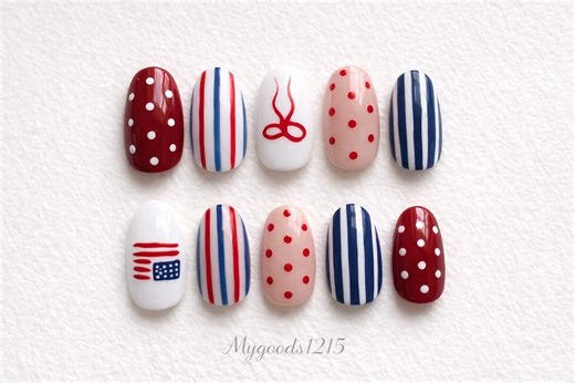 Handmade Patriotic Press on Nails: Red, White, Blue Polka Dot Stripe American Flag Set - Etsy