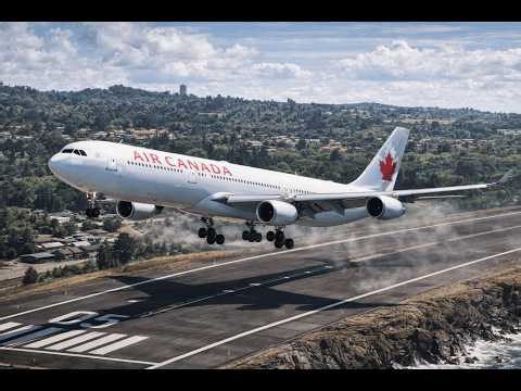 Hard Landing! Air Canada A340 Slams Onto a Small Airport Runway -4K
