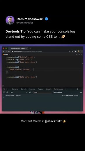 RammCodes | Developer Advocate 👨‍💻 | Browser DevTools Tip 💡: You can make your console.log stand out by adding some CSS to it! 🎨 Content Credits: @stackblitz ( Twitter ) ✨ Do... | Instagram