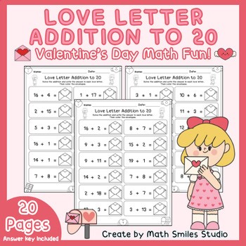 Valentine Addition to 20 | Love Letter Math Worksheets | 1st-2nd Grade