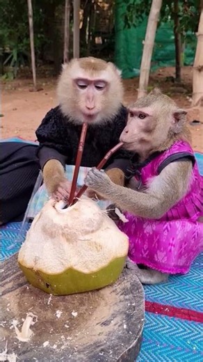 Monkey YaYa & Shally Enjoy Fresh Coconut Water Together #shally #monkey #yaya #animal #babymonkey