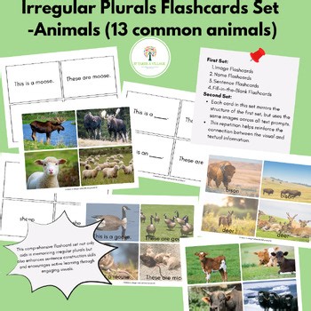 Irregular Plurals -Animals Flashcard Set (13 common animals )(ABLLS-R J15)