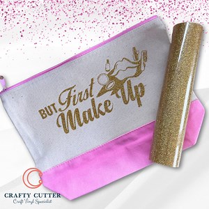 2K views | Check out the stunning effect of our Holographic Gold Glitter HTV once it's pressed! ✨ Products Used; ✨ Dipped Base Cosmetic Bag - Pink ✨ Holographic Glitter HTV - Gold #cricut #cricutmade #cricutmaker #cricutcrafts #smallbusiness #handmade #diy #vinyl #cricutcreations #etsy #svg #cricutexploreair #crafts #silhouettecameo #craft #custom #custommade #supportsmallbusiness #svgfiles #shopsmall #crafting | Crafty Cutter Limited | Facebook