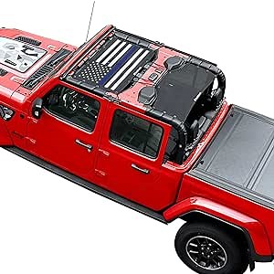 Shadeidea JT Sun Shade Top Compatible with Jeep Gladiator Top Sunshade - Mesh Screen Roof Cover (2018-2023), Wind Noise UV Blocker -10 Year Warranty - Thin Blue Line Flag - Front+Rear (2 pcs)