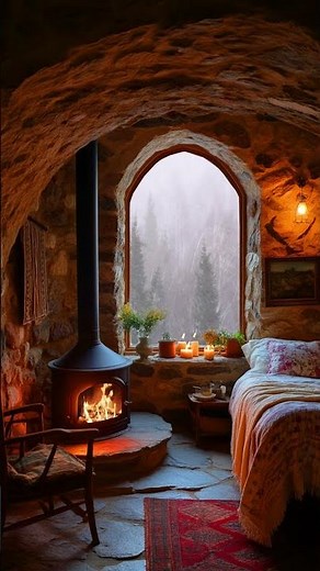 Cozy Snowy Cabin Bedroom ❄️ Fireplace & Peaceful Winter Escape #logcabin #cozyvibes #snow