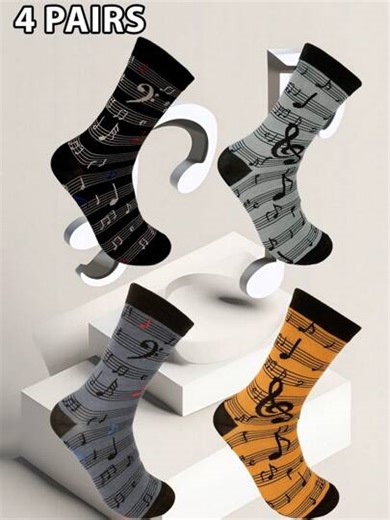 4 Pairs/Set Men's Fashionable Musical Note Patterned Socks, Personalized Funny Design Socks, Autumn Socks | SHEIN