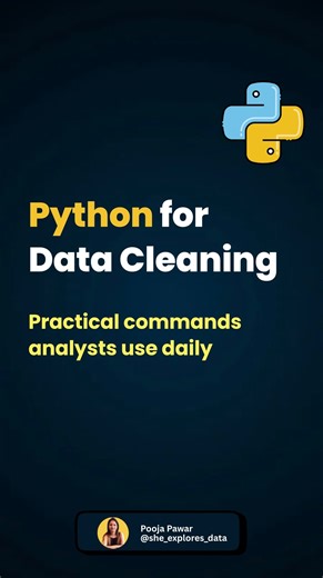 Dr. Pooja | Python | SQL | Power BI | Excel on Instagram: "Python Commands Every Analyst Uses for Data Cleaning Clean data is the foundation of every reliable analysis. Before dashboards, models, or insights, there is inspection, fixing inconsistencies, handling missing values, reshaping columns, and validating results. This series highlights practical Python commands that analysts rely on daily to: • Understand the structure and quality of raw datasets • Handle missing, duplicate, and inconsist