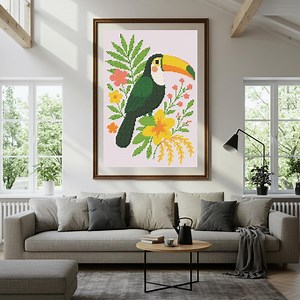 Tropical Toucan Cross Stitch Pattern PDF | Colorful Bird & Floral Embroidery 14ct 16ct 18ct Aida | Tropical Wall Art (PDF Download) - Etsy