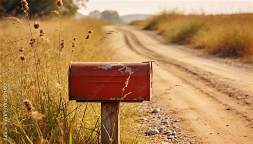 Rural mailbox on a dusty dirt road with golden fields and gentle hills, storytelling, countryside life,, path.