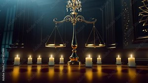 A balanced scale of justice with candle lights surrounding it. Generative ai