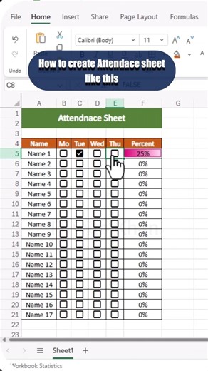 Create Attendance Sheet in Excel 📊Calculate Percent with checkboxes#excel #exceltips #shorts