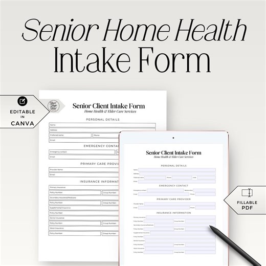 Senior Home Health Client Intake Form, Editable Care Plan Template (PDF Fillable & Canva Edit) - HH001 - Etsy Canada