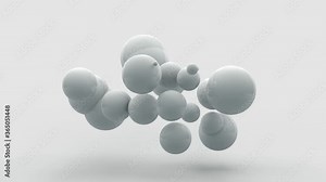 Abstract 3D animation of a white cube that splits into many small cubes in zero gravity. Cubes turn into spheres. But then the geometry and shapes are restored.