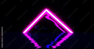 Purple pyramid with abstract plasma neon discharges. Magenta 3d render of triangle with reflection in dark waves cyberspace. Electric lightning wriggles along geometric surface