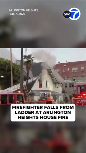 A firefighter fell several feet from a ladder while battling a house fire in Arlington Heights on Saturday evening, video shows. Video posted to the Citizen app shows onlookers gasp as the Los Angeles Fire Department firefighter falls off the ladder from the height of the home's roof. | ABC7