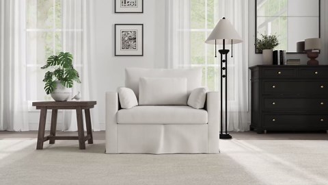 ONBRILL Oversized Accent Chair, 42 Inch Wide Slipcovered Sofa Chair with 3 Throw Pillows, Comfy Reading Chair, Deep Seat Armchair w/Sloped Arms, Modern Single Couch for Living Room, Apartment, Beige