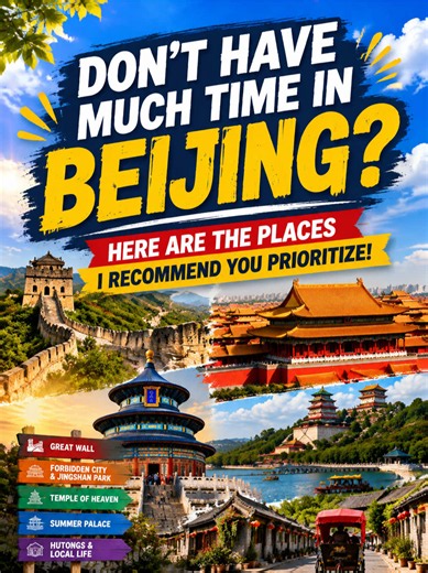 First time in Beijing? 🇨🇳 Don’t waste your limited time. These are the places I would prioritize if you want to experience the best of Beijing， 🏯 Great Wall — the symbol of China 👑 Forbidden City — 600 years of royal history ⛩️ Temple of Heaven — where history meets local life 🌿 Summer Palace — China’s most beautiful royal garden 🏮 Hutongs — the real Beijing beyond the landmarks Beijing is not just a city to visit…It’s a city to experience. Save this for your Beijing trip ✈️🇨🇳 #creatorse