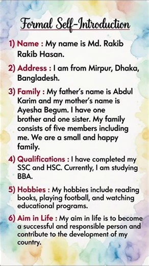 Formal Self Introduction Chart| Easy English for Students#shorts#english #learnenglish#introduction