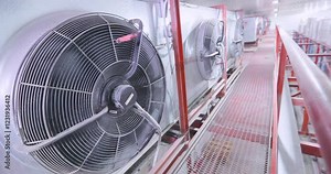 Large multi-level low temperature warehouse, inside. Frozen food and ice cream storage in a modern cold storage warehouse.