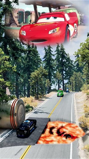 Lightning McQueen cars versus a giant deep hole with lava and bollard
