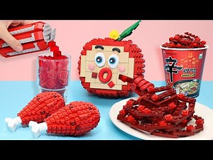 LEGO RED Fast Food: Eating Super SPICY Noodles, Fried Chicken 🔥 Lego Friends Challenge | Apu Funz