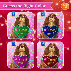 2.2K views · 180 reactions |  Hi there, our beloved Hey Coloristas! ✨ It's time to channel your color intuition! Take a look at the adorable pup holding a heart-shaped plate and guess the right color. Comment the number below!  You can click here to color this pic and reveal the real color! -> https://clc.heycolor.app/?source=fb&action=open&id=66055 | Hey Color | Facebook