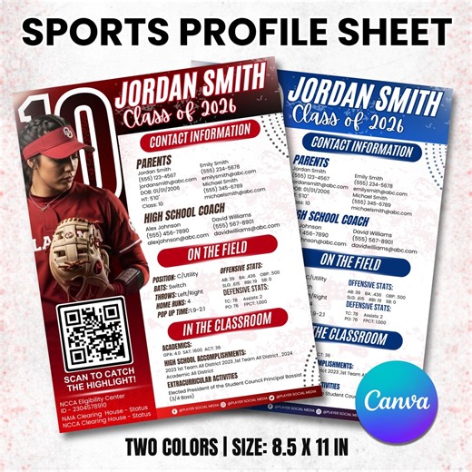Sports Profile Sheet Template, Athlete Player Information Sheet, Sports Recruiting Card, Softball Player, Athletic Resume, Sports Resume - Etsy