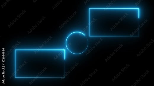 Pink and Blue Neon Rectangle Frame with Circle Icon Animation on Black Background, Looping Retro Display Box, Seamless Border, Eclipse Motion