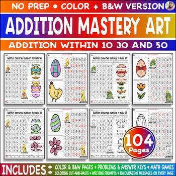 Addition Mastery 10 30 50 Easter Visual Math Color Cut Paste Picture Game Art Ad