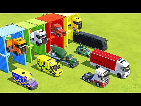 TRANSPORTING TANK TRUCK, AMBULANCE, MIXER CEMENT TRUCK, BOX TRUCK, SCANIA BUS - FS22
