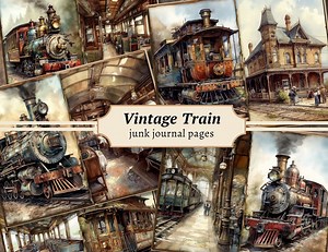Vintage Train Junk Journal Pages, Digital Scrapbook Paper Kit, Locomotive Printable, Collage Sheet, Travel Ephemera, Victorian Background - Etsy
