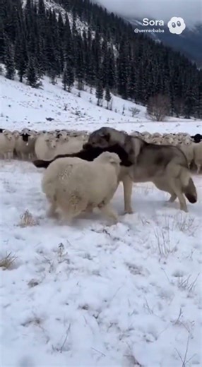 Winter field scene where a Caucasian Shepherd protects sheep from a black wolf.
