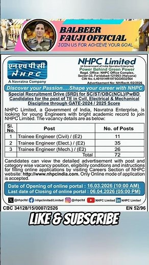 NHPC Limited Special Recruitment Drive (SRD) 2026: Trainee Engineer (Civil, Electrical, Mechanical)