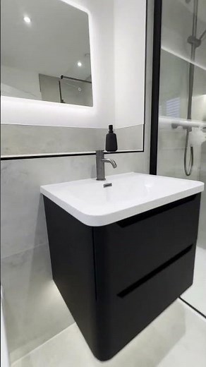 Sleek Black & White Bathroom with LED Mirror & Glass Shower 🖤✨ #inyouths