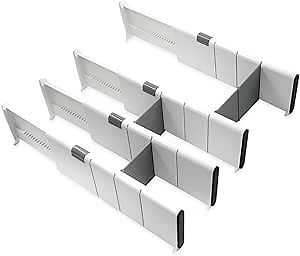 Esoes Drawer Divider Set of 4, 4 Inches (Approx. 10.2cm) High, Adjustable from 11 to 17 Inches (Approx. 28-43cm) for Bedroom Wardrobe, Bathroom, Vanity Table, Kitchen Storage Cabinet (White)