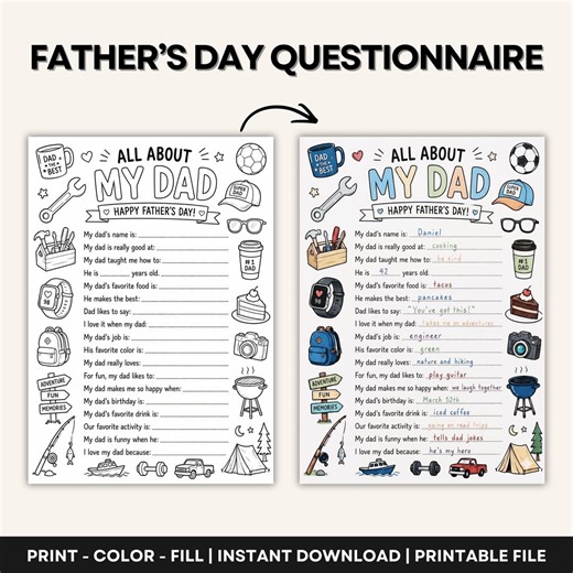 Father’s Day Questionnaire Printable – All About My Dad Worksheet – Kids Father’s Day Activity – Father’s Day Classroom Activities - Etsy