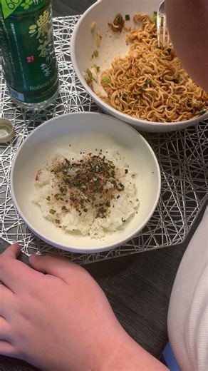 Lunch: Fried noodles, cod roe rice
